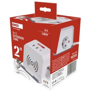 Emos Удлинитель МОДЕЛЬ P0222CQ, 2м, 2×2P+PE, 3 680W, 2×USB-A, 1×USB-C, Qi, защита от детей (P0222CQ)