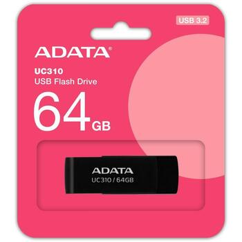 Adata USB флеш-накопитель UC310-64G-RBK 64 ГБ, USB 3.2 Gen 1, скорость чтения 100 МБ/с, черный, без крышки, поворотный (UC310-64G-RBK)