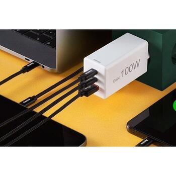 Hama зарядное устройство 001251400000, 100W, GaN, PD, QC 2.0, QC 3.0, 2x USB-C, 1x USB-A, 100-240V, белый, универсальное (001251400000)