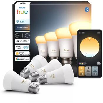 Philips Hue умная лампа 8720169364745, E27, 6 Вт, 810 лм, 220-240 В, 4 шт, A60, LED, Bluetooth, Zigbee, тепло-холодный белый (8720169364745)