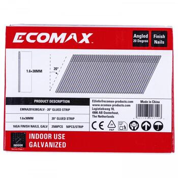 Ecomax отделочные гвозди EMNA201638GALV&EMX, 38x1,6 мм, 20°, 16GA, электрогальванизированные, 2500 шт (EMNA201638GALV&EMX)