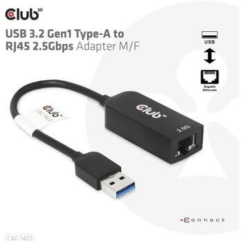 Club3D USB 3.2 к RJ45 адаптер CAC-1420, 2.5Gbps, 1 RJ45, 0.21m, черный, 0.021кг (CAC-1420)