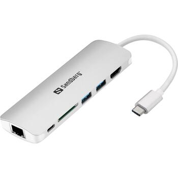 Sandberg USB centrmezgls 136-18, 4, USB 2.0, pelēka, HDMI, RJ-45, USB 3.2 Gen 1 Type-A, USB Type-A (136-18)