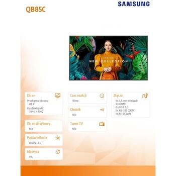 Samsung LED monitors QB85C LH85QBCEBGCXEN, 85 collas, 3840x2160, 350(cd/m2), 16h/7, Wi-Fi, BT, 1xRJ-45, 3xHDMI (LH85QBCEBGCXEN)