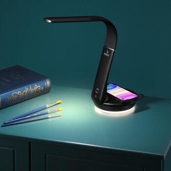 Hawk Настольная лампа HW-LAMP02, 4.5W, 10W беспроводная зарядка, 2 LED лампы, гибкая рука, черная (HW-LAMP02)