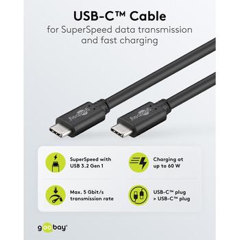Goobay USB-C кабель 66507 612812, 1.5 м, 60 Вт, быстрая зарядка Power Delivery, передача данных, USB-C (66507)