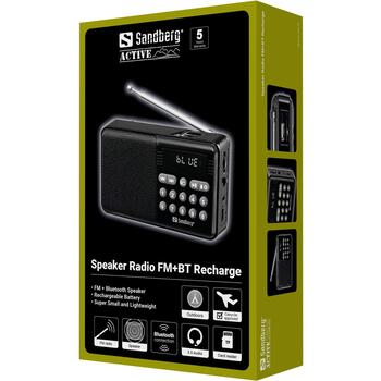 Sandberg 421-18 Speaker Radio FM+BT, 5W, FM 87.5-108 MHz, BT 5.0, 1200 mAh, 15h, USB, MicroSD, displejs, kabatas lukturis (421-18)