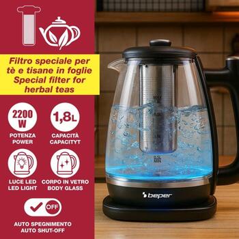 Beper Чайник P101BOL200, 2200 W, 1.8 л, 360° поворот, скрытый нагревательный элемент, LED подсветка, автоотключение (P101BOL200)