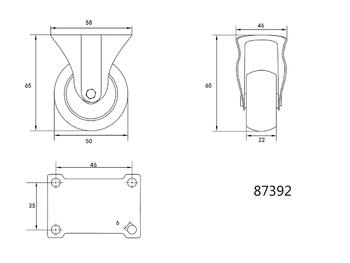 Vorel Fiksēts ritenis 87392, 50mm, 22mm, 65mm, 25mm, 6mm, 25kg, PP, POM, gultnis, bez bremzēm, -10 līdz +50 °C (87392)