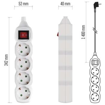 Emos Удлинитель P1421, 1,4 м, белый, 4× 2P + PE GERMAN, 3680 Вт, ПВХ, H05VV-F3G 1,0 мм2, выключатель, защита от детей (P1421)