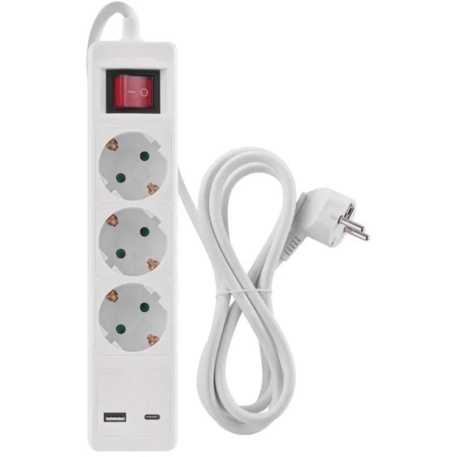 Emos Удлинитель P1322CU, 2м, 3× 2P + PE, 3680W, с выключателем, белый, 1× USB-A, 1× USB-C (P1322CU)