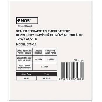 Emos SLA Аккумулятор B9679, 12 В, 5 Ач, Faston, 6,3 мм, AGM, 1 шт, 1,65 кг, 5 лет (B9679)