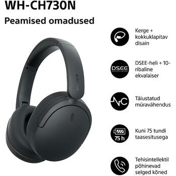 Sony bezvadu austiņas WH-CH730N WHCH730NB.CE7, 30 mm, 6-20000 Hz, 100 Ω, 108 dB, aktīvā trokšņu slāpēšana, Bluetooth 6.0, 50 h (WHCH730NB.CE7)