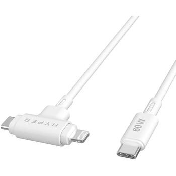 Hyper HiperJuice Silikona USB-C uz USB-C un Lightning hibrīda 60W kabelis HJ4010WHGL, 1.5m, 60W, ātrā uzlāde, bez sapīšanās (HJ4010WHGL)