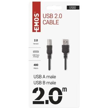 Emos USB кабель S70202, 2м, черный, 1шт в блистерной упаковке, ПВХ, USB 2.0, для зарядки/переноса данных, A разъем – B разъем (S70202)