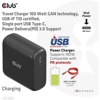 Club3D зарядное устройство CAC-1908EU 100W, USB Type-C, PD 3.0, 100-240VAC, 5V/9V/12V/15V ≤ 3A, 20V ≤ 5A, OCP, OVP, SCP, OTP (CAC-1908EU)