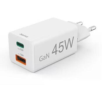 Hama 00201993 GaN зарядное устройство, 45W, 1xUSB-C, 1xUSB-A, PD/QC 3.0, белый (00201993)
