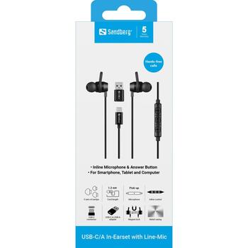 Sandberg Наушники USB-C/A In-Earset с линейным микрофоном 126-50, 20-20000 Гц, 95 дБ, 16 Ω, 1,2 м, стерео, черный (126-50)
