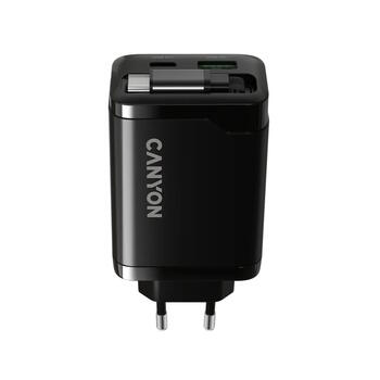 Kompakts sienas lādētājs ar integrētu USB C kabeli 65 W kopējo jaudu 1×PD un 1×QC ātrās uzlādes portu OnCharge 65RC Build In Cable EU Melns CNS-CURC65ACB CANYON (CNS-CURC65ACB)