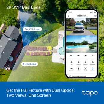 TP-LINK Tapo C545D уличная двухобъективная камера безопасности, 2K 3MP, 165° FOV, 6mm, IP66, двусторонняя связь, AI-детекция (TAPO C545D)