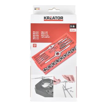 Набор метчиков и плашек Kreator KRTH01001, 20 шт, M3 x 0.5, M4 x 0.7, M5 x 0.8, M6 x 1.0, M7 x 1.0, M8 x 1.25, M10 x 1.5 (KRTH01001)