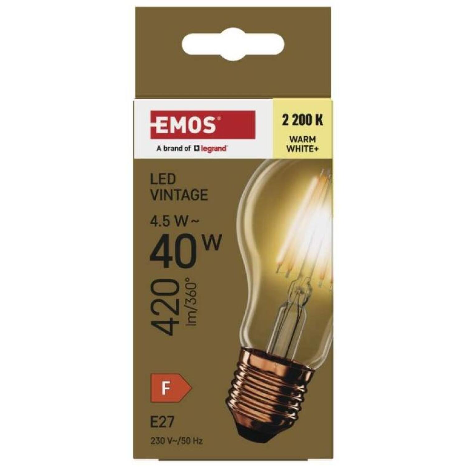 Emos LED лампочка Vintage A60 Z55032, 4,5 Вт, 420 лм, 230 В/50 Гц, 320°, 2200 K, E27, 25 000 часов, 4 чипа, теплый белый (Z55032)