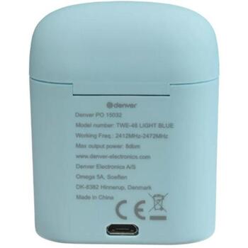 Denver Беспроводные наушники TWE-46 111191120280, 42г, Светло-голубой, Bluetooth 5.0, 3ч, 16Ω, Встроенный микрофон, Пылеустойчивые (111191120280)