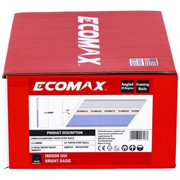 Ecomax naglas naglu pistolei EMNA343190BBSMD&EMX, 90x3,1mm, 2000 gab., 34°, necinkotas, gludas, D tipa galva, papīra magazīna (EMNA343190BBSMD&EMX)