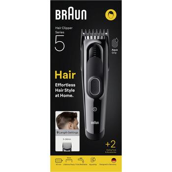Braun matu griezējs HC5510 Series 5, bezvadu, 9 garuma pakāpes, 3-24 mm, 50 min, NiMH akumulators, melns, mazgājams (HC5510)