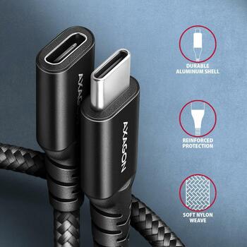 Axagon Удлинитель кабеля BUCM32-CF05AB 0.5м, черный, USB-C на USB-C, 20Гбит/с, PD 240Вт, 5А, 8K HD видео (BUCM32-CF05AB)