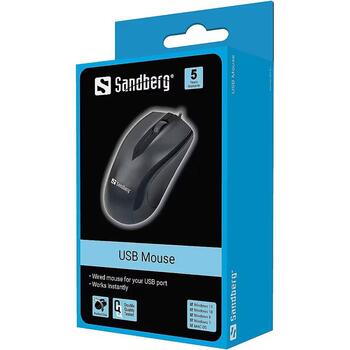 Sandberg USB мышь 631-01, 1 шт., 1200 DPI, 1,5 м, Оптическая, USB Type-A, 3 кнопки, Черная, RoHS (631-01)
