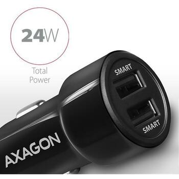 Axagon Lādētājs automašīnai PWC-5V5 24W, 2x USB-A 5V/2.4A, strāvas adapteris, 12-24V, melns, ātrā uzlāde, OCP, OVP, OTP, OSP (PWC-5V5)