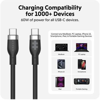 Hyper USB-C Силиконовый Зарядный Кабель HJ4011BKGL, 1.5m, 60W, 480 Mbps, не запутывающийся, PD 3.0 (HJ4011BKGL)