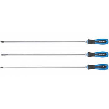 Hogert HT1S084 skrūvgriežu komplekts, 3 gab., 450 mm, CrV, rūdīti un magnetizēti uzgaļi, ergonomisks rokturis, SL8, PH2, PH3 (HT1S084)