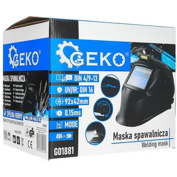 Geko metināšanas maska ar LED lukturīti G01881, skatīšanās laukums 92 × 42 mm, toņu diapazons DIN 4 / 9–13 (G01881)