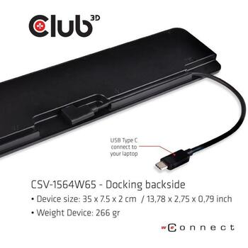 Club3D dokstacija CSV-1564W65 4K Ultra HD, 100 W, 2x USB 3.2 Gen 1 Type-A, 2x USB 3.2 Gen 1 Type-C, 1x HDMI, 1x DisplayPort (CSV-1564W65)