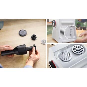Bosch Gaļas mašīna MFWS607W, 2.1 kW, 3.5 kg/min, 2 ātrumi, metāla asmens, desu pildīšanas uzgalis, uzglabāšana (MFWS607W)