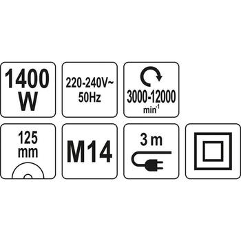 Yato угловая шлифмашина YT-82099, 1400Вт, 125мм, 3000-12000об/мин, M14, 22мм, 220-240В, 50/60Гц, электронная регулировка скорости (YT-82099)