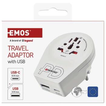 Emos Universāls ceļojumu adapters P0055U, balts, 1×USB-A 5V 3A, 1×USB-C 5V 3A, 100-250V~/16A max (P0055U)