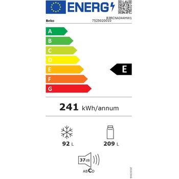 Beko Холодильник B3RCNA344HW1, 301L, 209L, 92L, 37dB, 2 двери, No Frost, LED дисплей, белый (B3RCNA344HW1)