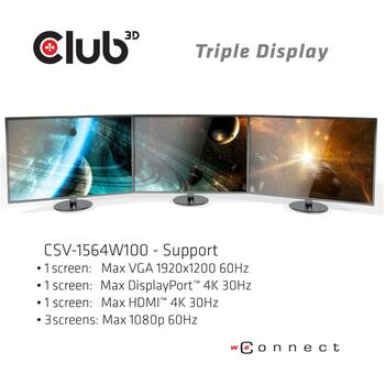 Club3D dokstacija CSV-1564W100 USB 3.2 Gen1, 100W PD, 3 HDMI, 1 DisplayPort, 1 VGA, 3 USB 3.0, 2 USB 2.0, 1 RJ45, 1 austiņu izeja (CSV-1564W100)