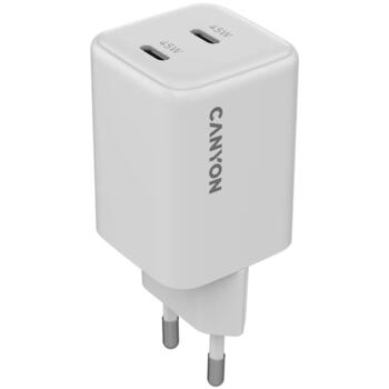 Kompakts sienas lādētājs ar GaN tehnoloģiju 45 W kopējo jaudu un 2×PD ātrās uzlādes portiem CU45CC EU Balts CNS-CUW45CC CANYON (CNS-CUW45CC)