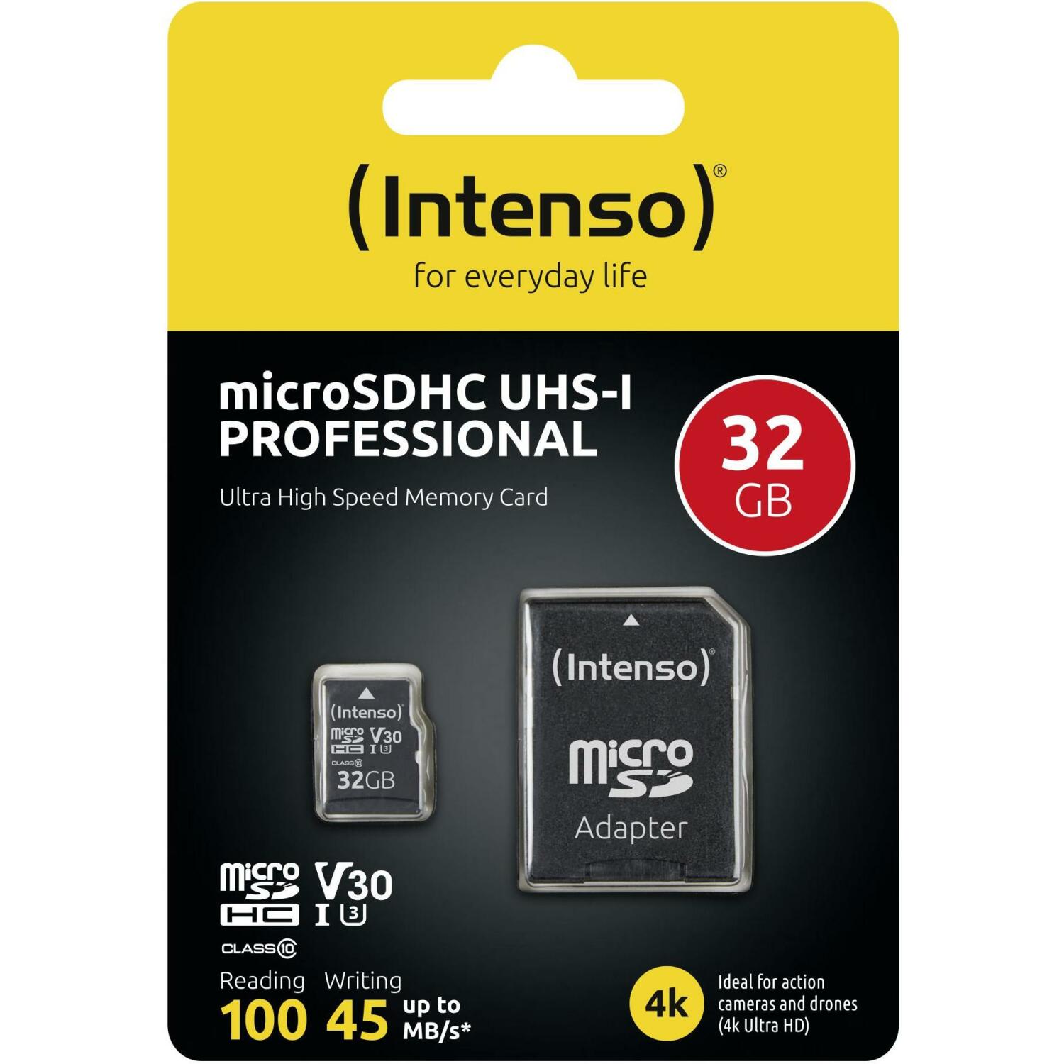 Intenso карта памяти microSDHC 3433480 32 ГБ, скорость чтения 100 МБ/с, скорость записи 45 МБ/с, UHS 3, V30, адаптер в комплекте (3433480)