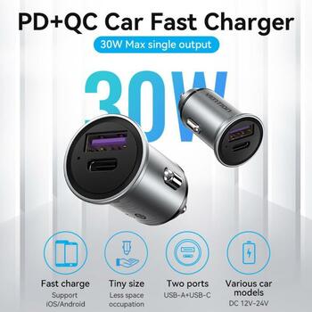 Vention Lādētājs 2-Portu USB A+C FFBH0 12-24V 30W 20V 2x30W ātrā uzlāde, alumīnija korpuss, pelēks (FFBH0)