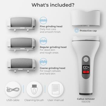 Ray Battler Callus Remover RB 0018, 2 скорости, LED дисплей, IPX5, 5V, 1200mAh, 4ч работы, дорожный чехол, ролики: мелкие, обычные (RB 0018)
