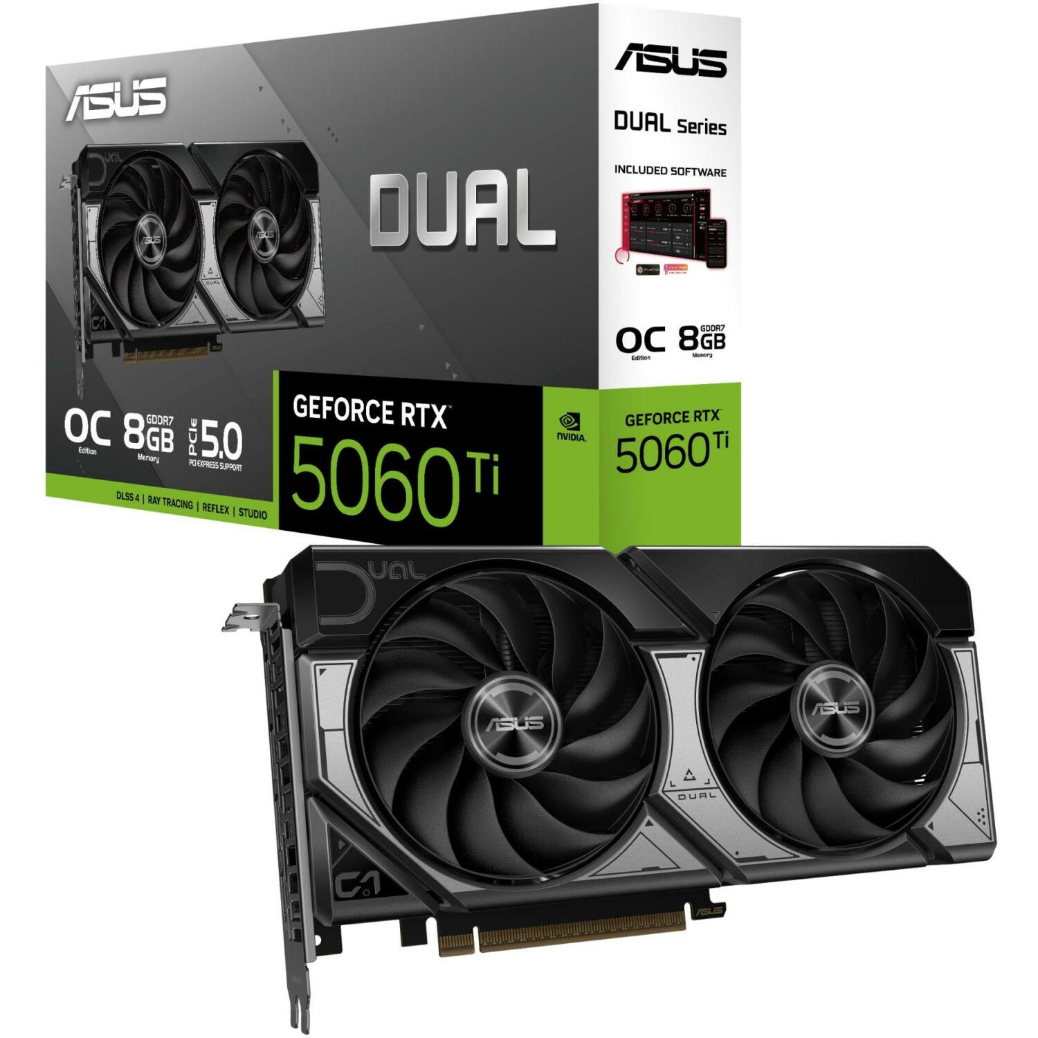 Asus Видеокарта DUAL-RTX5060TI-O8G 8GB GDDR7, PCIe 5.0, 7680 x 4320, 2 вентилятора, 2.5 слота, активное охлаждение (DUAL-RTX5060TI-O8G)