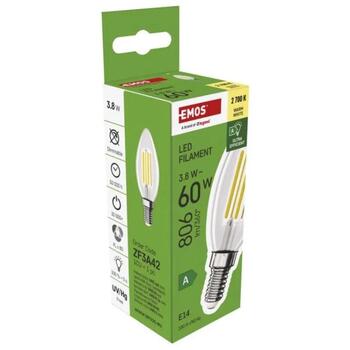 Emos LED лампочка Filament Candle ZF3A42, 3,8 Вт, 806 лм, E14, теплый белый, 50 000 часов, класс A (ZF3A42)