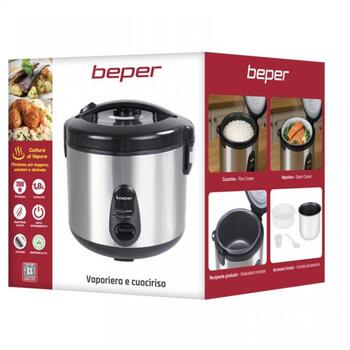Beper Пароварка для риса P101VAP020, 1.8л, 700Вт, нержавеющая сталь/черный, съемный шнур, паровая подставка (P101VAP020)