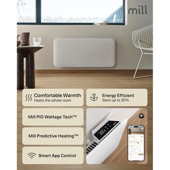 Paneļveida sildītājs ar 1500 W jaudu un WiFi vadību telpām līdz 18–22 m² IPX4 balts PA1500WIFI4 Mill (PA1500WIFI4)