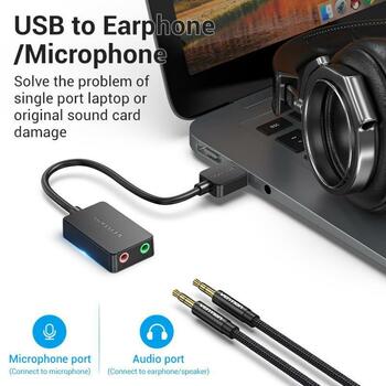 Vention USB 2-портовая внешняя звуковая карта CDYB0 0.15м, 2.1 канала, 16 бит, 3.5 мм, черная (CDYB0)